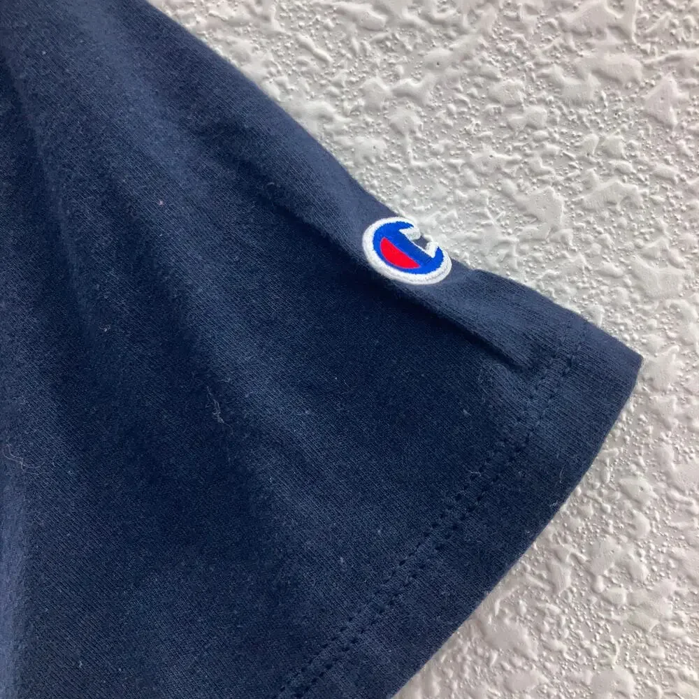 Champion Navy Blue White Spell Out Embroidered Logo Short Sleeve Crew Tee Shirt - Picture 8 of 8